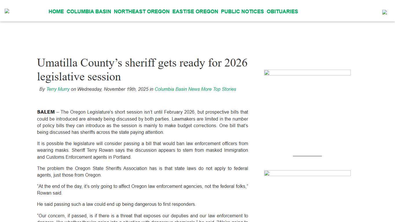 Umatilla County’s sheriff gets ready for 2026 legislative session - Elkhorn Media Group